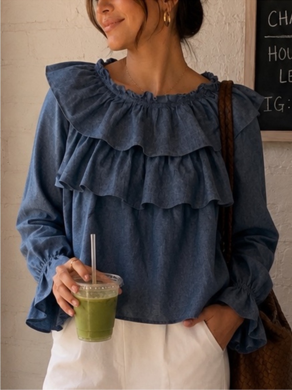See by Chloe Ruffled Denim-Effect Blue Women's Blouse